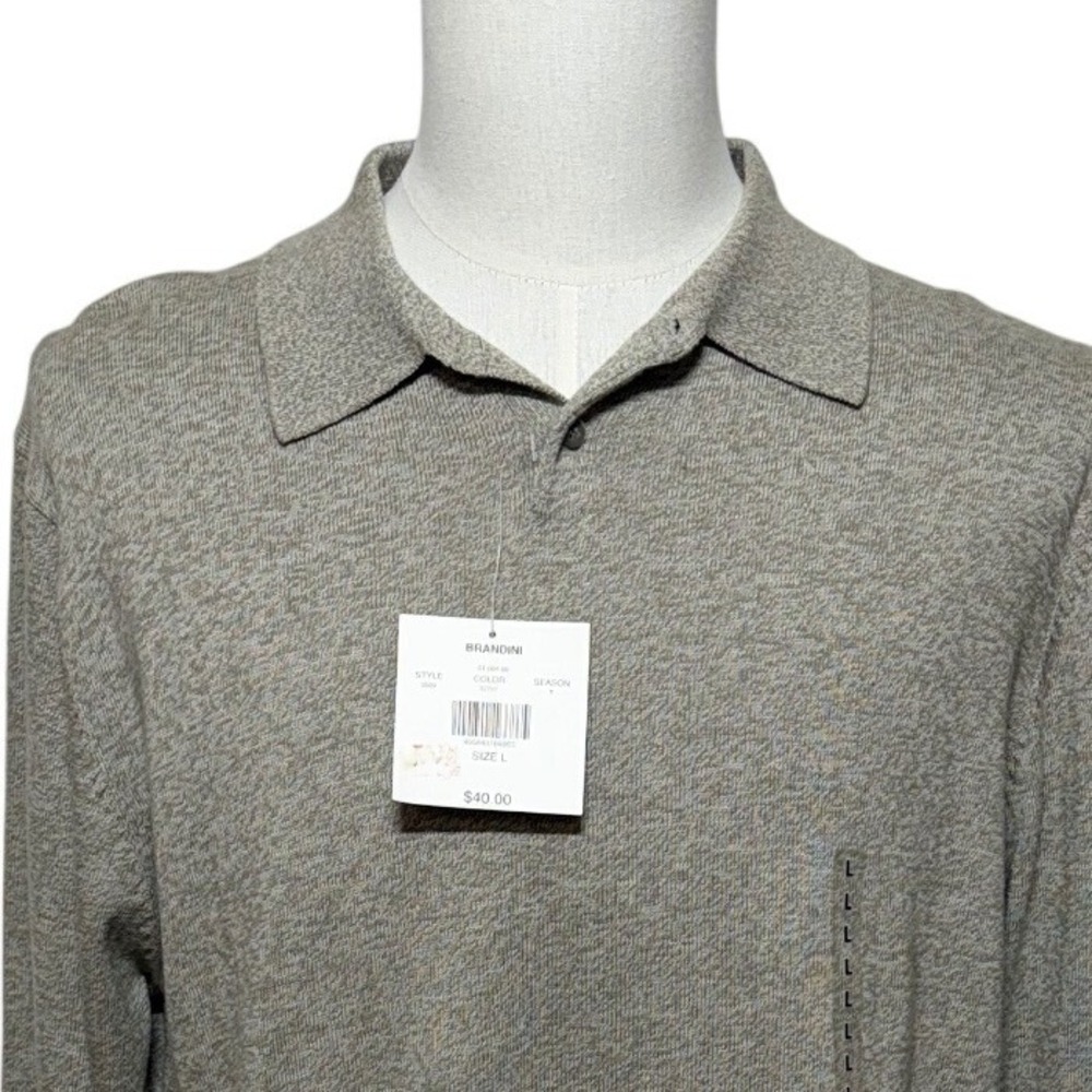 Brandini Sweater Mens Large Tan Polo‎ Pullover Long Sleeve Marl Knit Cotton